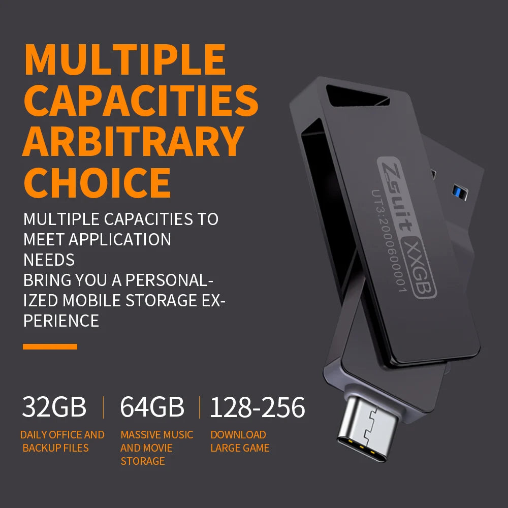 Zsuit USB Flash Drives Rotate USB-C Pendrive 64GB 128GB USB3.0 Type-C Pen Drives 2in 1 U Disk for iPhone Laptops Memory Stick Zpaxo