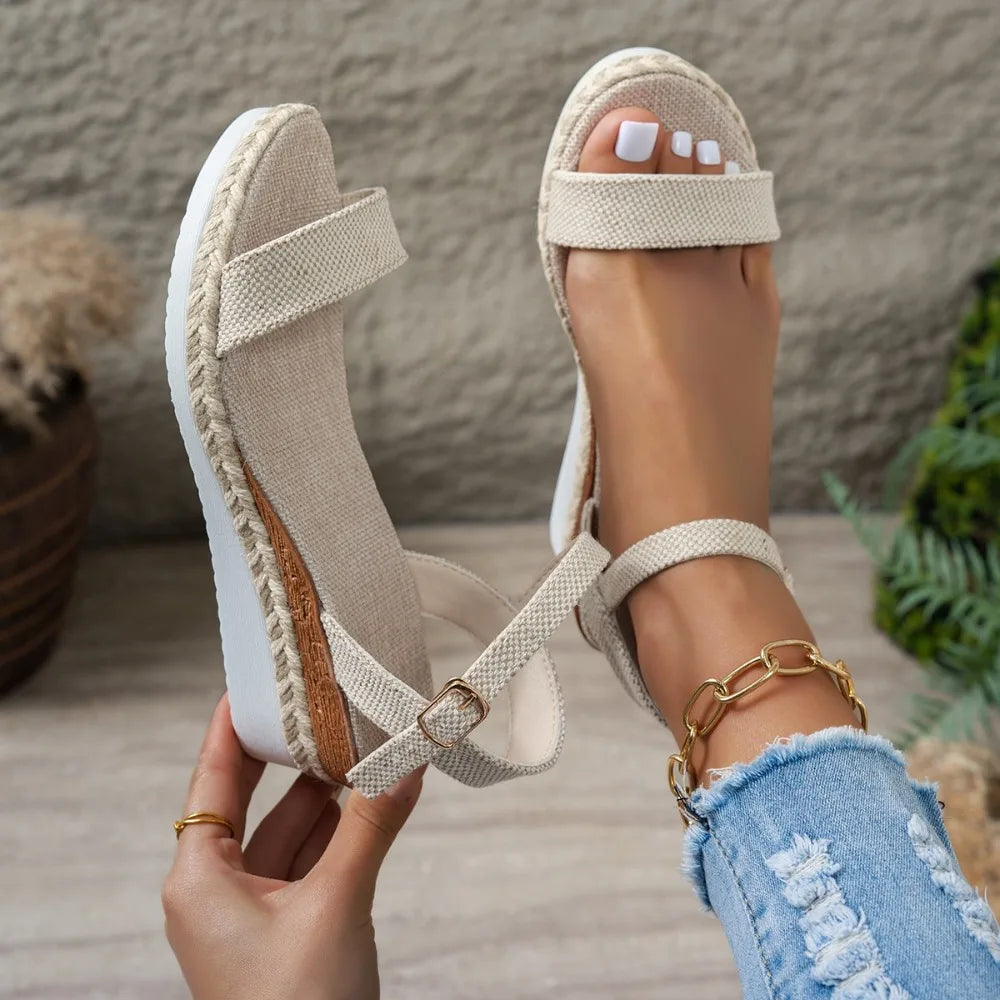 Women's Sandals Peep Toe Wedges Heels 2026 Summer Beige Ankle Buckle