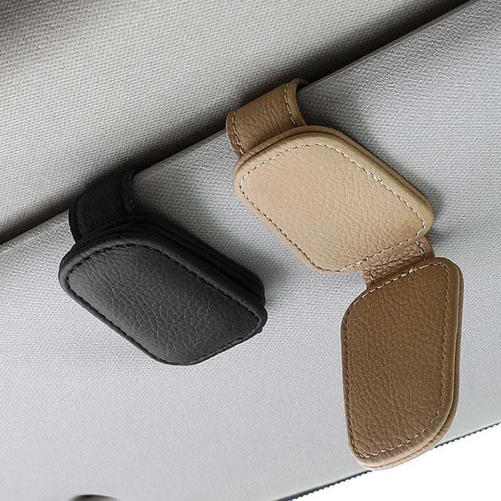 Car Sun Visor Clip Glasses Bracket Holder Pu Leather Cards Case Auto
