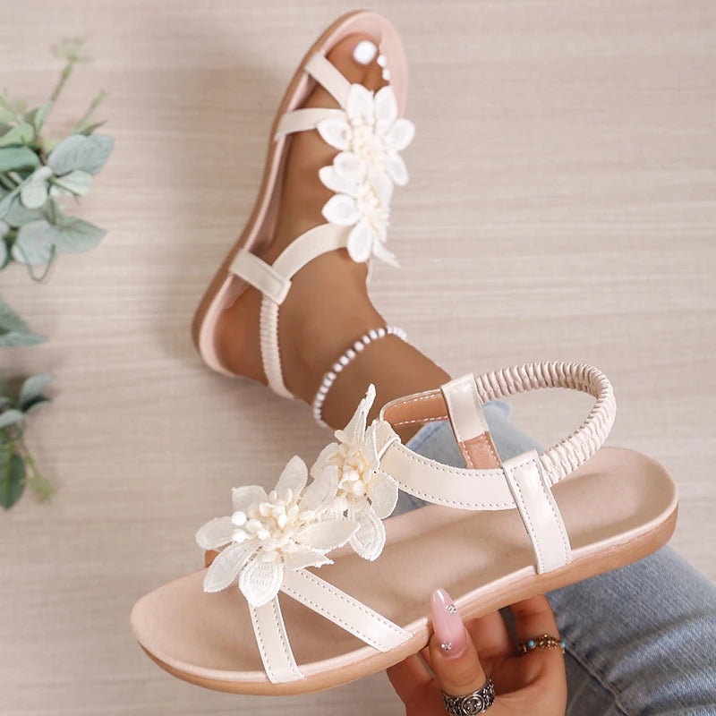 Elegant Women Sandals Clip Toe Floral Decorative Flat Shoes Casual Comfortable Lightweight Sandals Summer Retro Shoes Women Zpaxo apricot 36