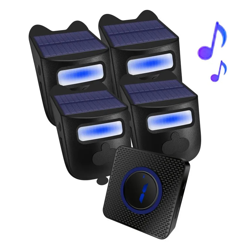 Wireless Call Chime Set Motion Detection, Receivers, Sensor Alarm, No Push Button Required, Solar Rechargeable Sensor Zpaxo 4 sensor 1 receiver US