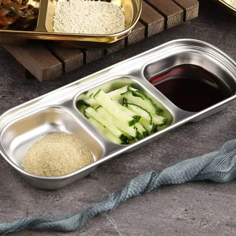 304 Stainless Steel 3-Compartment Dip Tray | Korean BBQ Sauce Condiment Dip Tray Zpaxo
