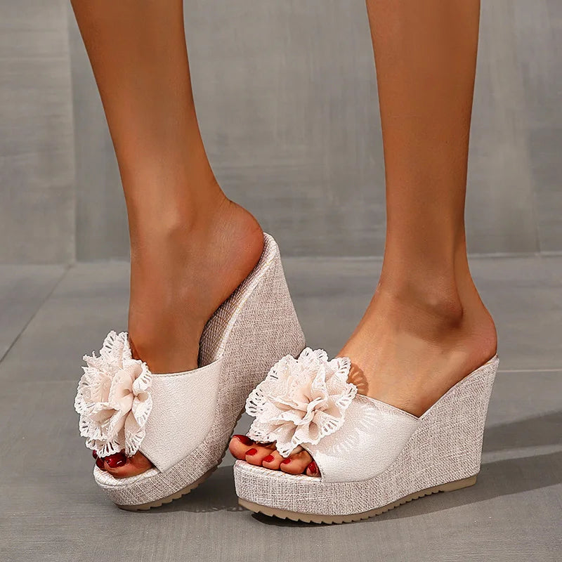 Women Wedges Sandals Summer Beach Platform Shoes Flower Round Headed Solid Color Slippers Women High Heel Shoes Zapatos De Mujer Zpaxo Beige 38