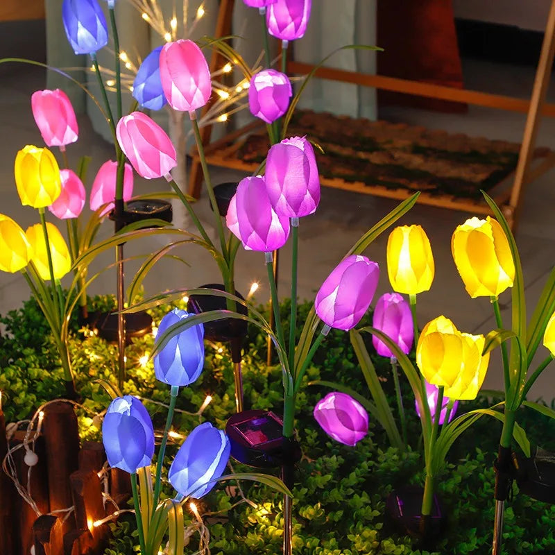 Solar Powered 3 Head Tulip Flower Simulation Light LED Garden Zpaxo Pink China Mainland