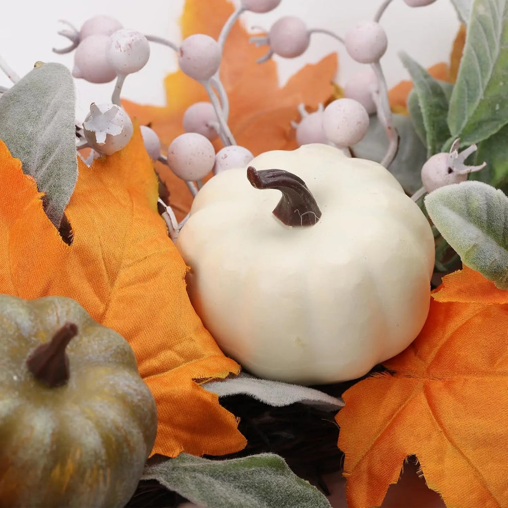 Artificial Fall Wreath Front Door Pumpkins Oeange Maple Leaves Autumn Zpaxo