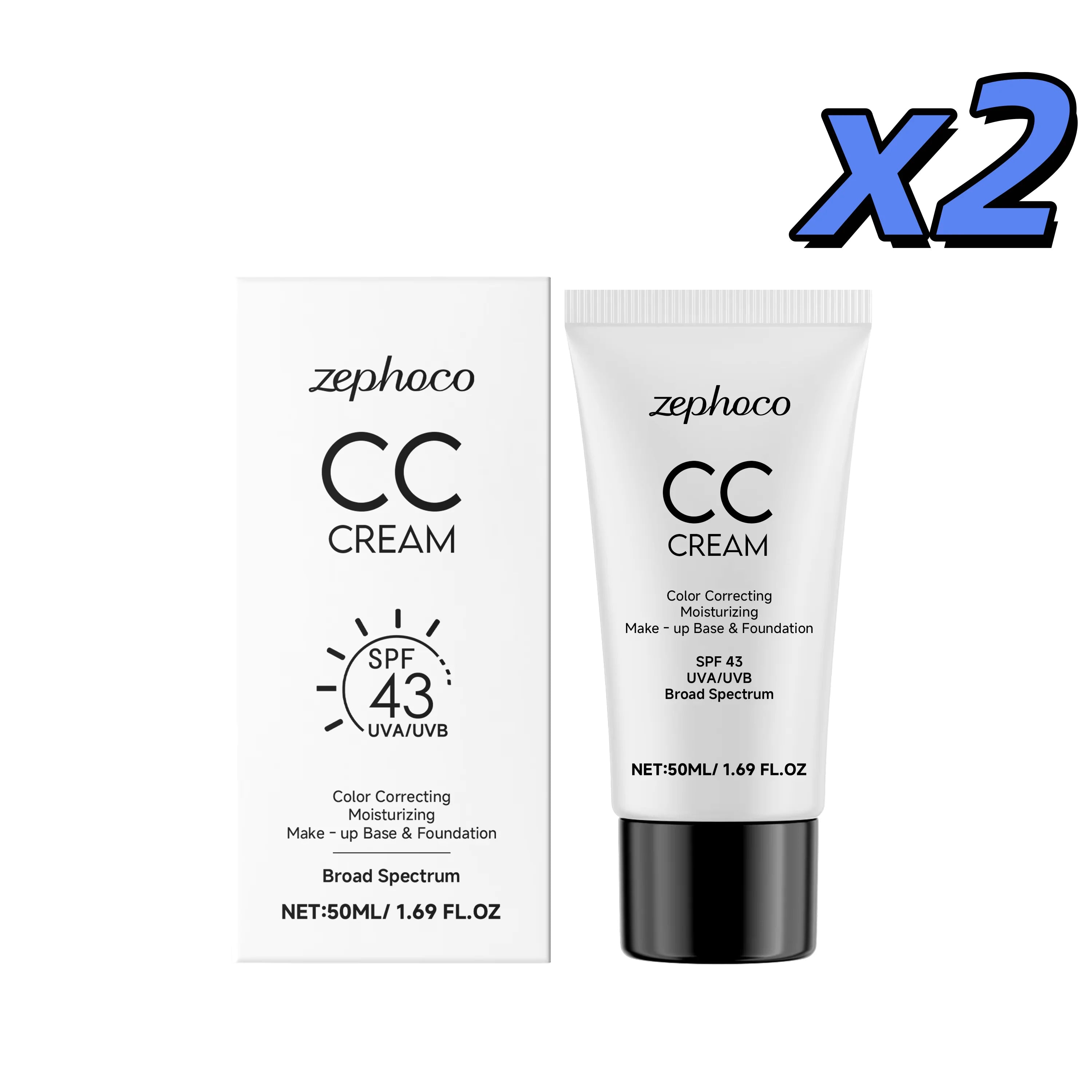 Zephoco CC Cream SPF 43 Hydrating Foundation – Even Skin Tone CC Cream Foundation Zpaxo 50ml X 2pcs