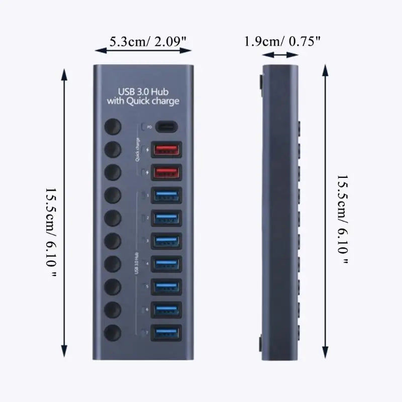 652F 9-Port USB C Hub Expander Power Switches LED Zpaxo