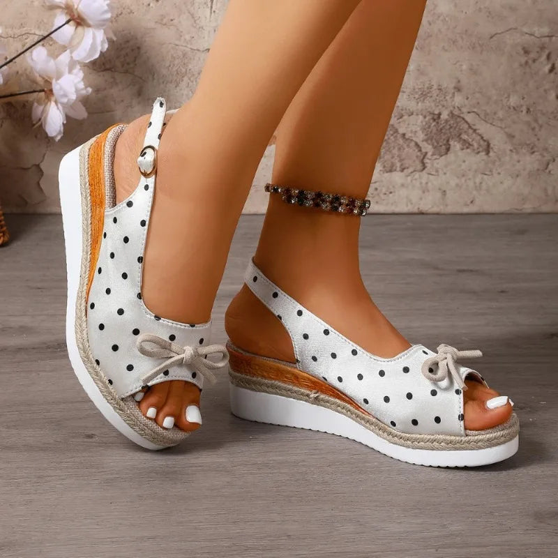 French Retro Polka Dot Wedge Heel Peep Toe Sandals Women Summer 2026