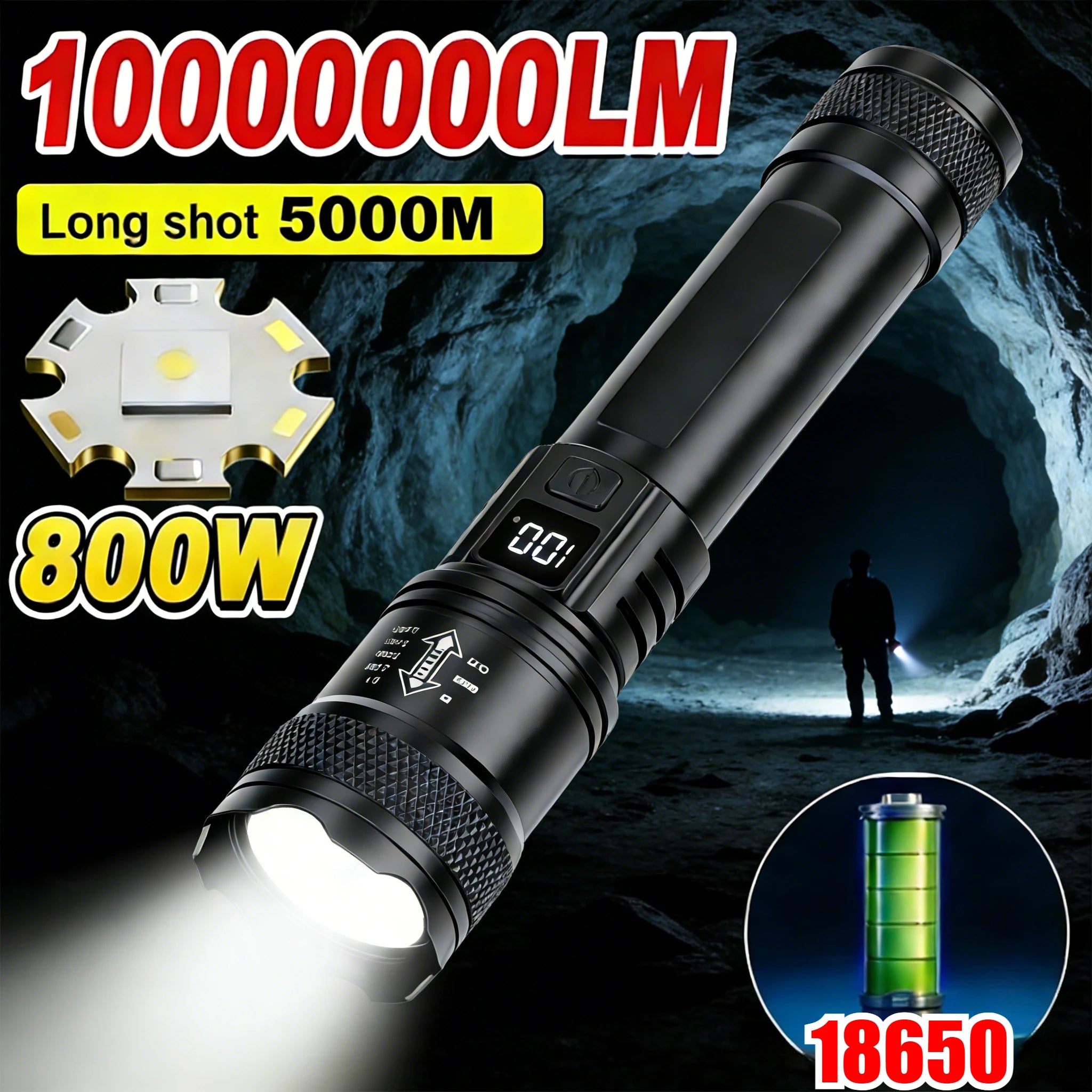 2000LM Tactical LED Flashlight – USB Rechargeable Zoomable Torch