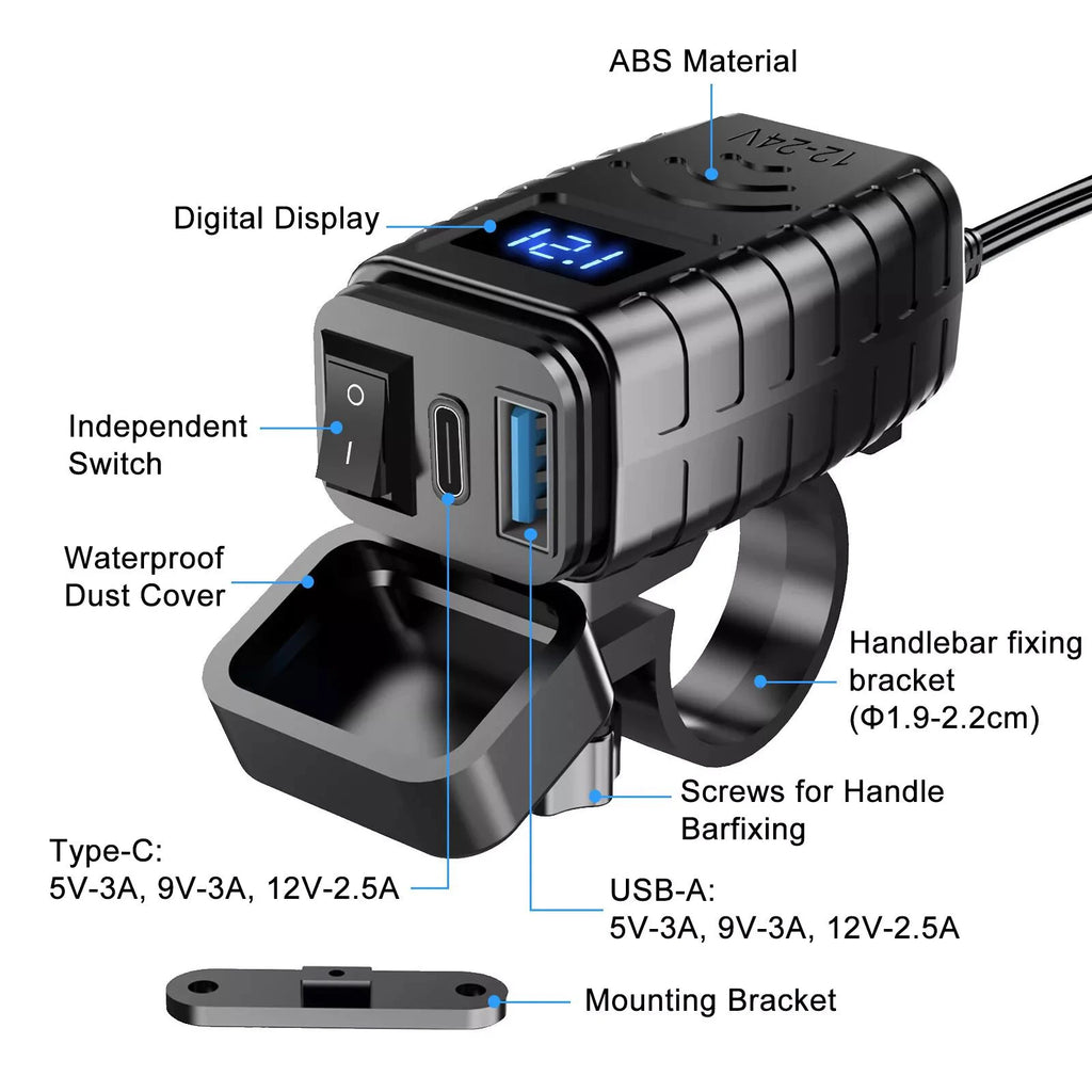 QC+PD 3 0 Motorcycle Dual USB Charger Waterproof DC 12V-24V Power