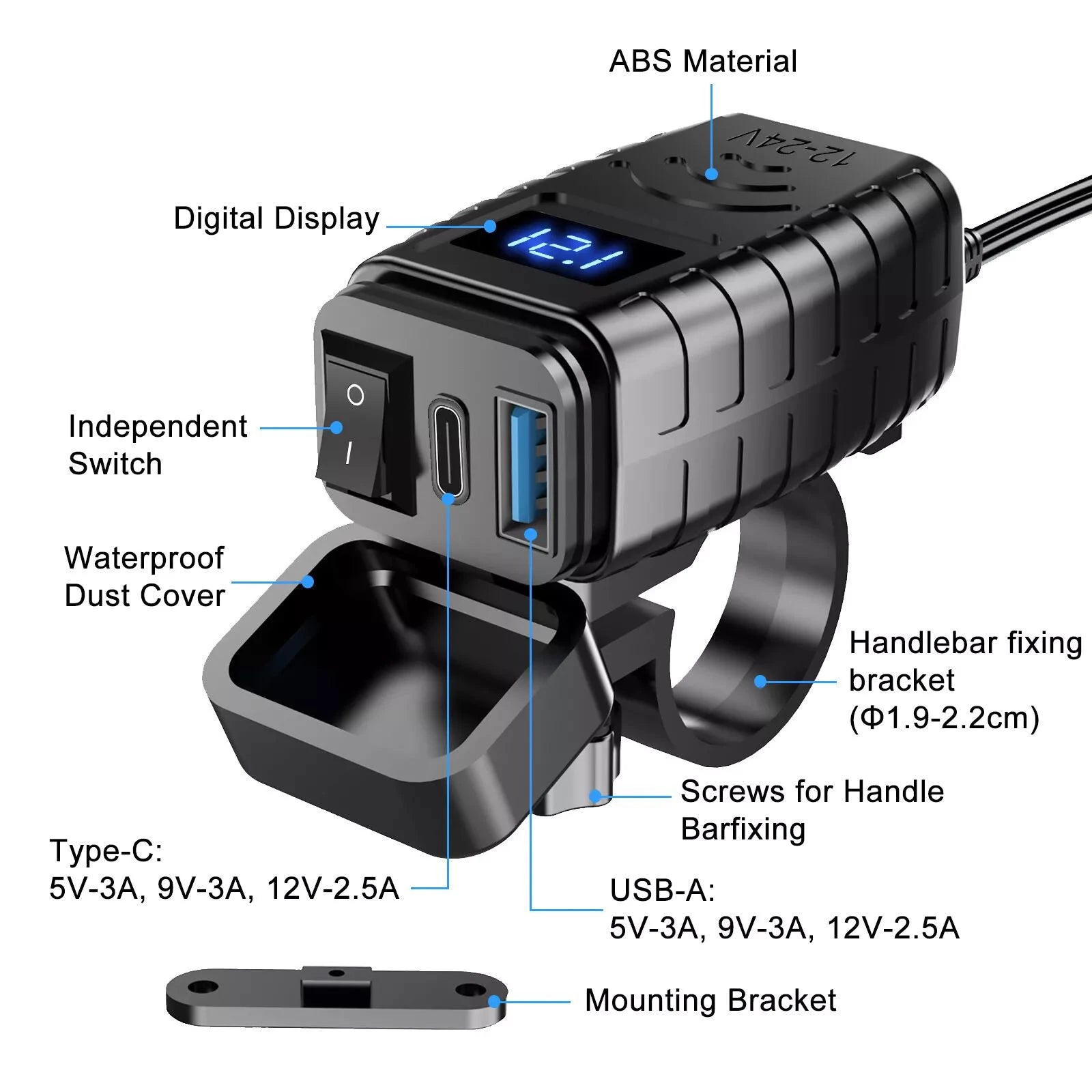 QC+PD 3 0 Motorcycle Dual USB Charger Waterproof DC 12V-24V Power