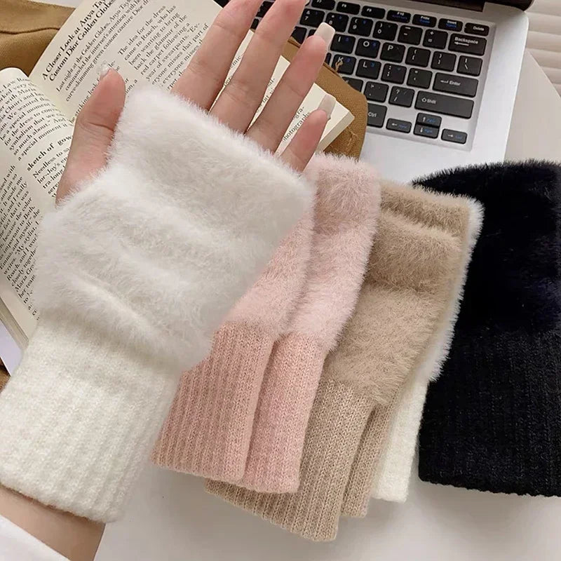 Autumn Winter Soft Mink Fleece Half Finger Gloves Women Plush Knitted Fingerless Gloves Wrist Mittens Driving Writting Gloves Zpaxo