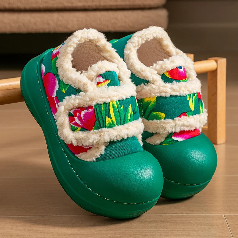 Unisex Winter Flower Pattern Slippers Cloud Feel Platform Warm Shoes