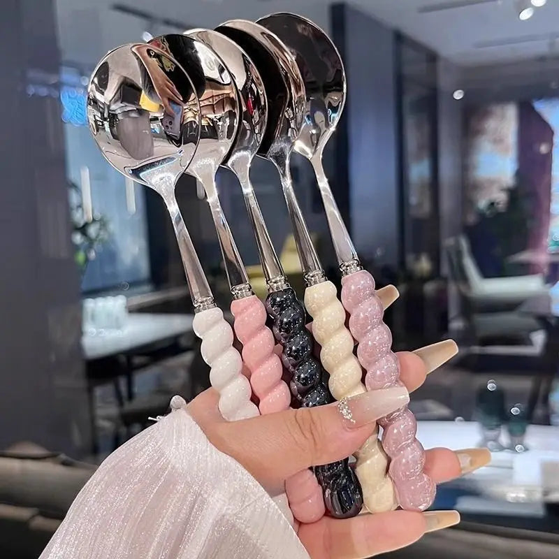 Pearl Ceramic Handle Stainless Steel Long Spoon – 4 Colors Kitchen Spoon Zpaxo