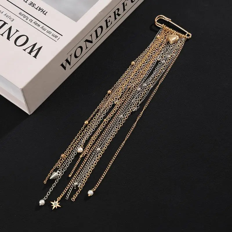 Vintage Tassel Chain Brooch – Metal Heart Pendant Suit Pin