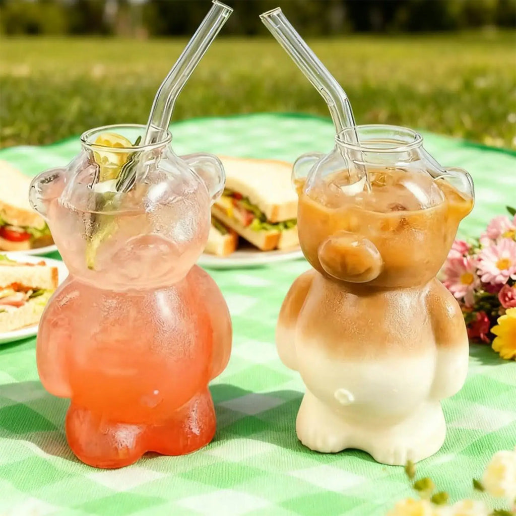 Glass Tumbler Straw Bear Design Cute Iced Coffee Cup Juice Water