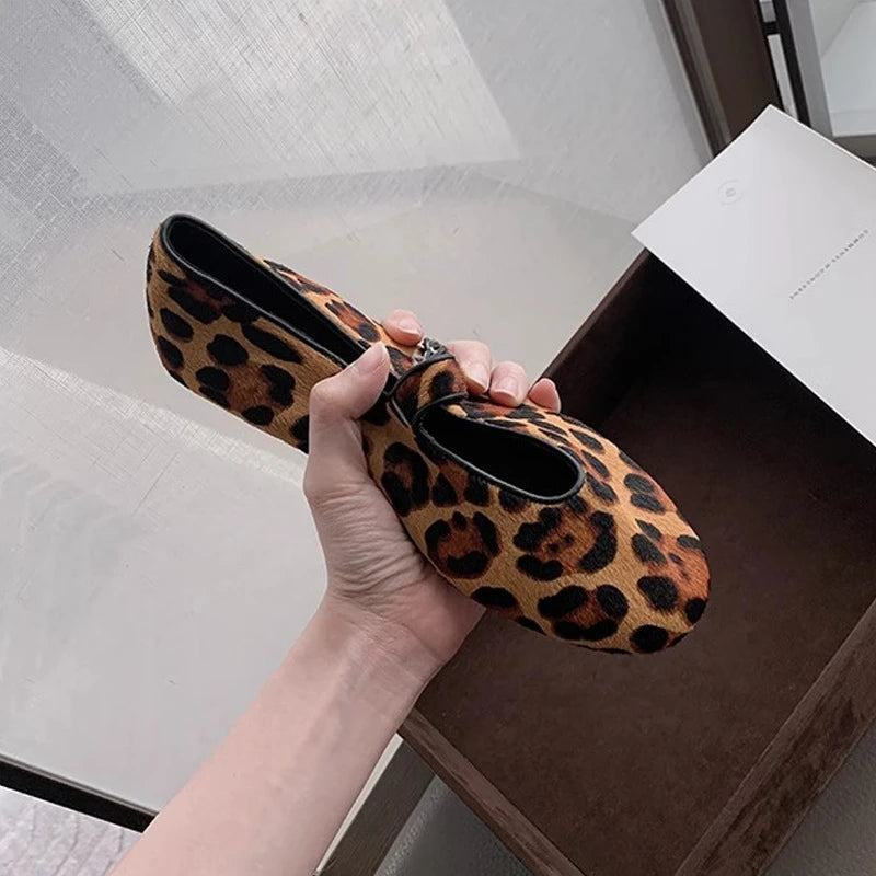 Women Spring Leopard Print Round Toe One Strap Mary Jane Flats Cute Zpaxo