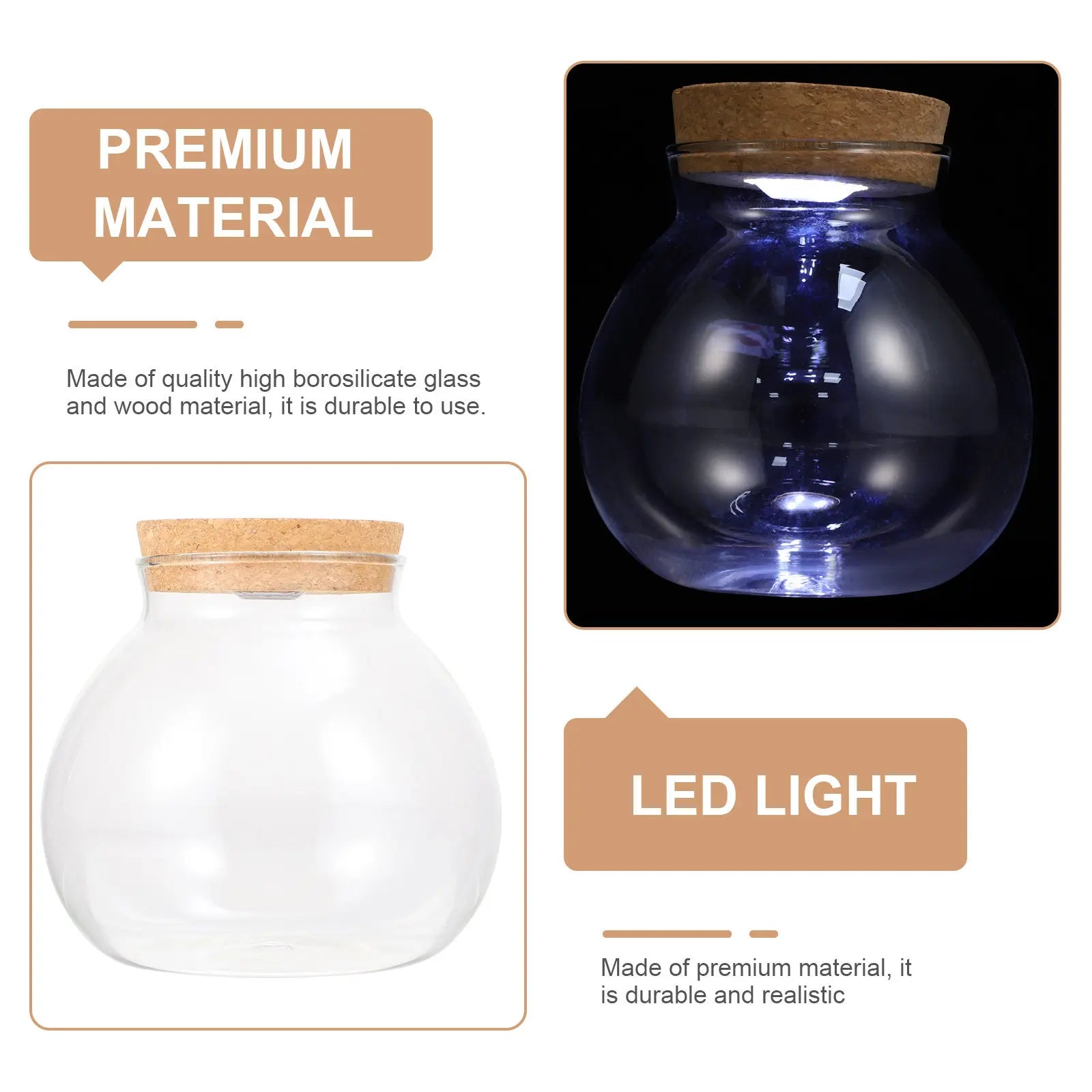 Transparent Borosilicate Glass Micro Landscape Bottle with LED Light Wooden Lid Ecological Terrarium for Indoor Home Decoration