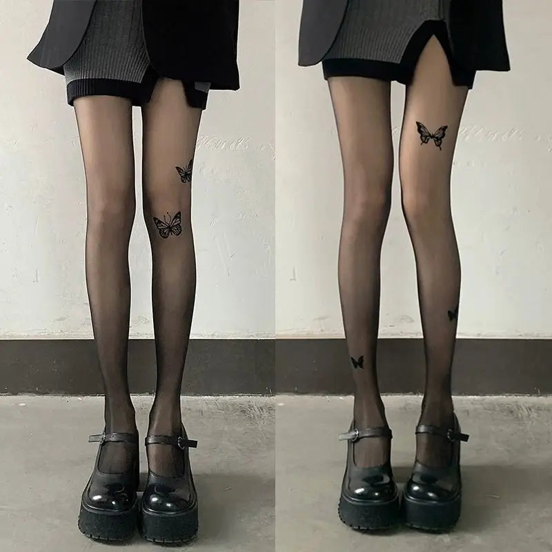 Sexy Women Black Tights Vintage Y2K Butterfly Print Transparent Silk