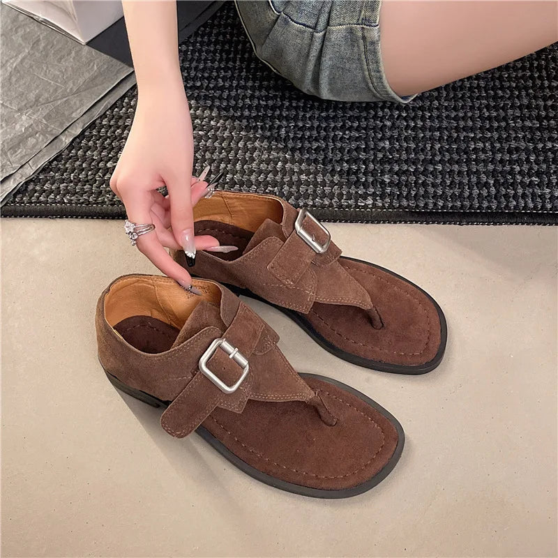 Fashionable Versatile Square Head Metal Buckle Flat Heel Roman Zpaxo Brown 37