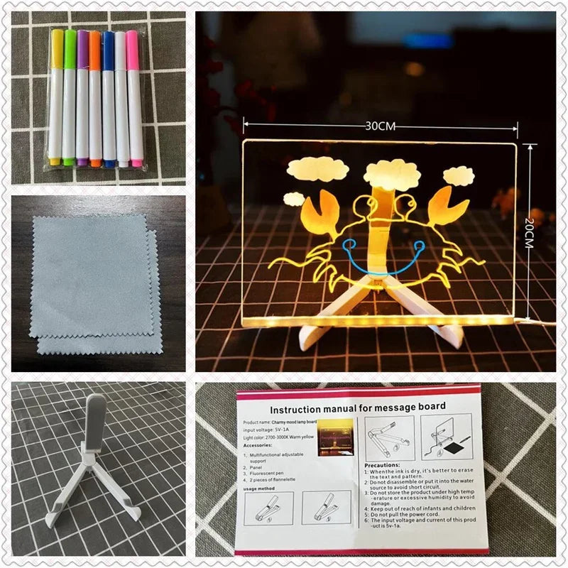 Luminous Acrylic Drawing Magic Led Transparent Board Note Board Kids DIY Educational Toys Gift, With Stand,With 7 Color Markers Zpaxo 30x20cm Set