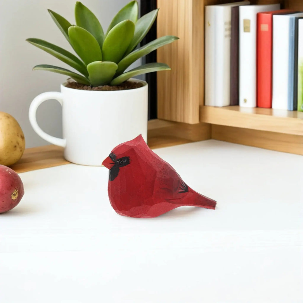 Mini Wooden Cardinal Bird Sculpture Hand Carved Solid Wood 3D