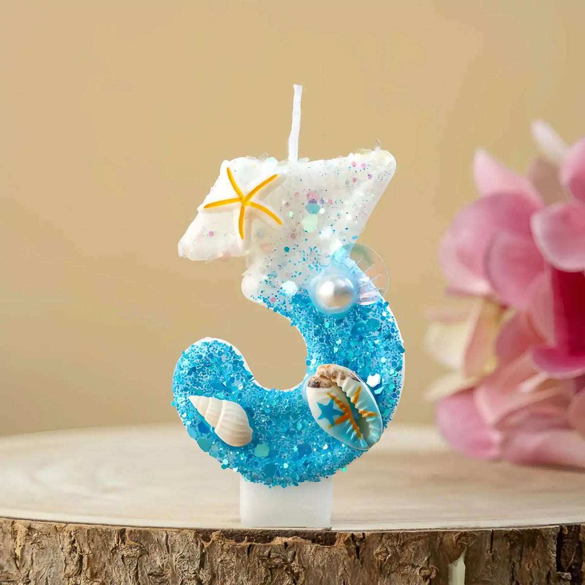 Ocean-themed Blue White Glitter Number Birthday Candles Seashell Zpaxo number 3 B15040D