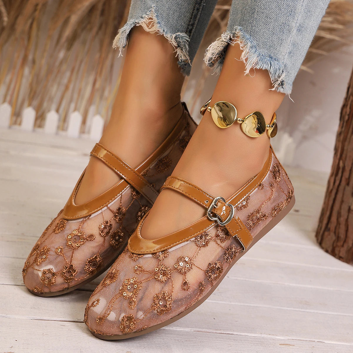Women Sandals Elegant Lightweight Casual Shoes Embroidered Floral Mesh Mary Janes Shoes Women Breathable Ballet Flats Sandals Zpaxo Brown 37