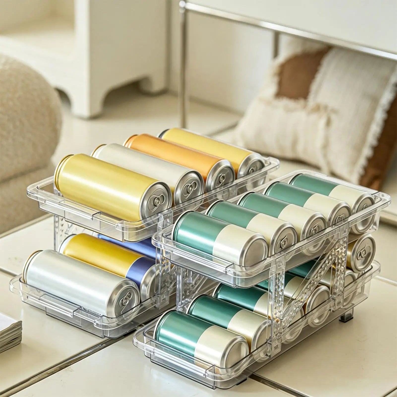 Soda Can Organizer Refrigerator 2-Layer Adjustable Width Bin Holder