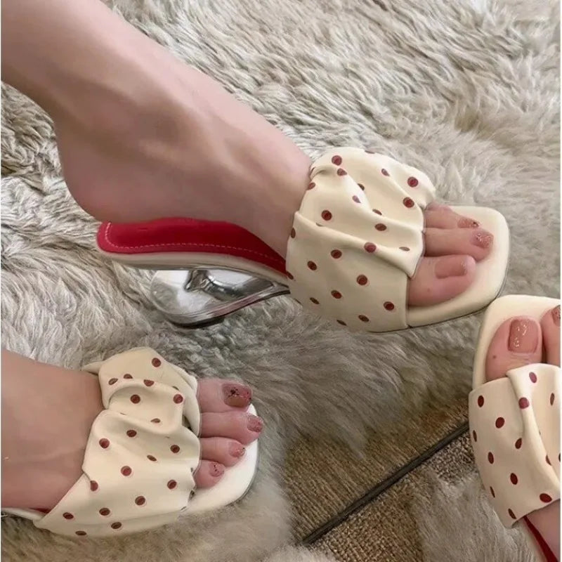 French Ruched Square Toe Slide Sandals Leopard Polka Dot Irregular Zpaxo