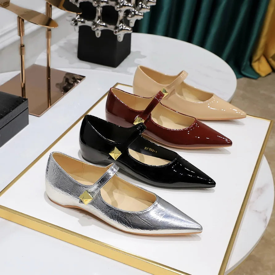 Flat Shoes for Women 2025 Spring Autumn New Pointed Toe Patent Leather Women's Shoes Willow Nail Metal Ladies Shoe zapatos mujer Zpaxo