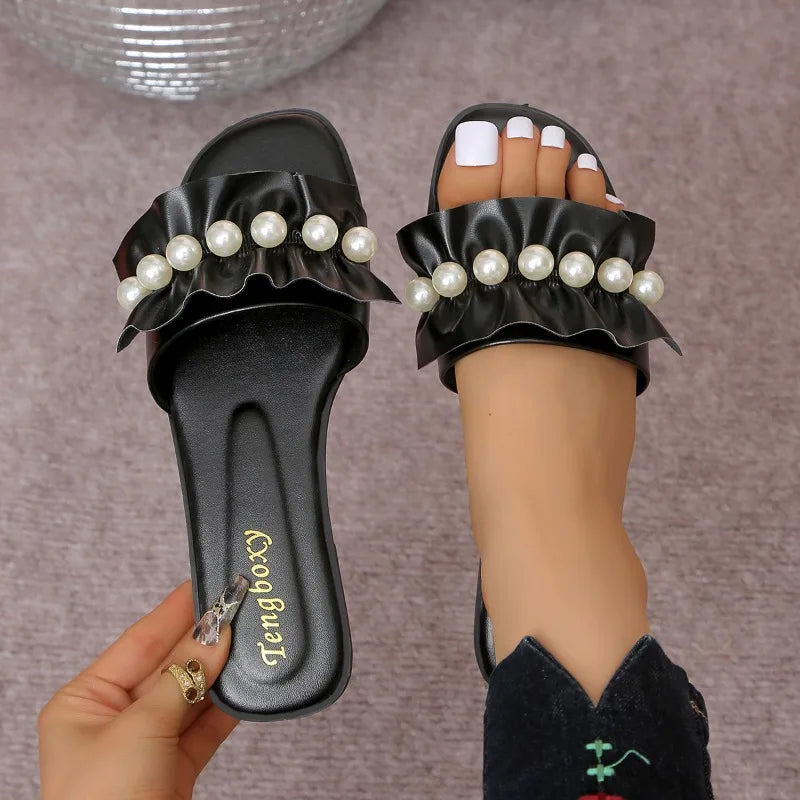Women's Square Open Toe Pearl Embellishment Solid Slippers Summer Zpaxo black 41
