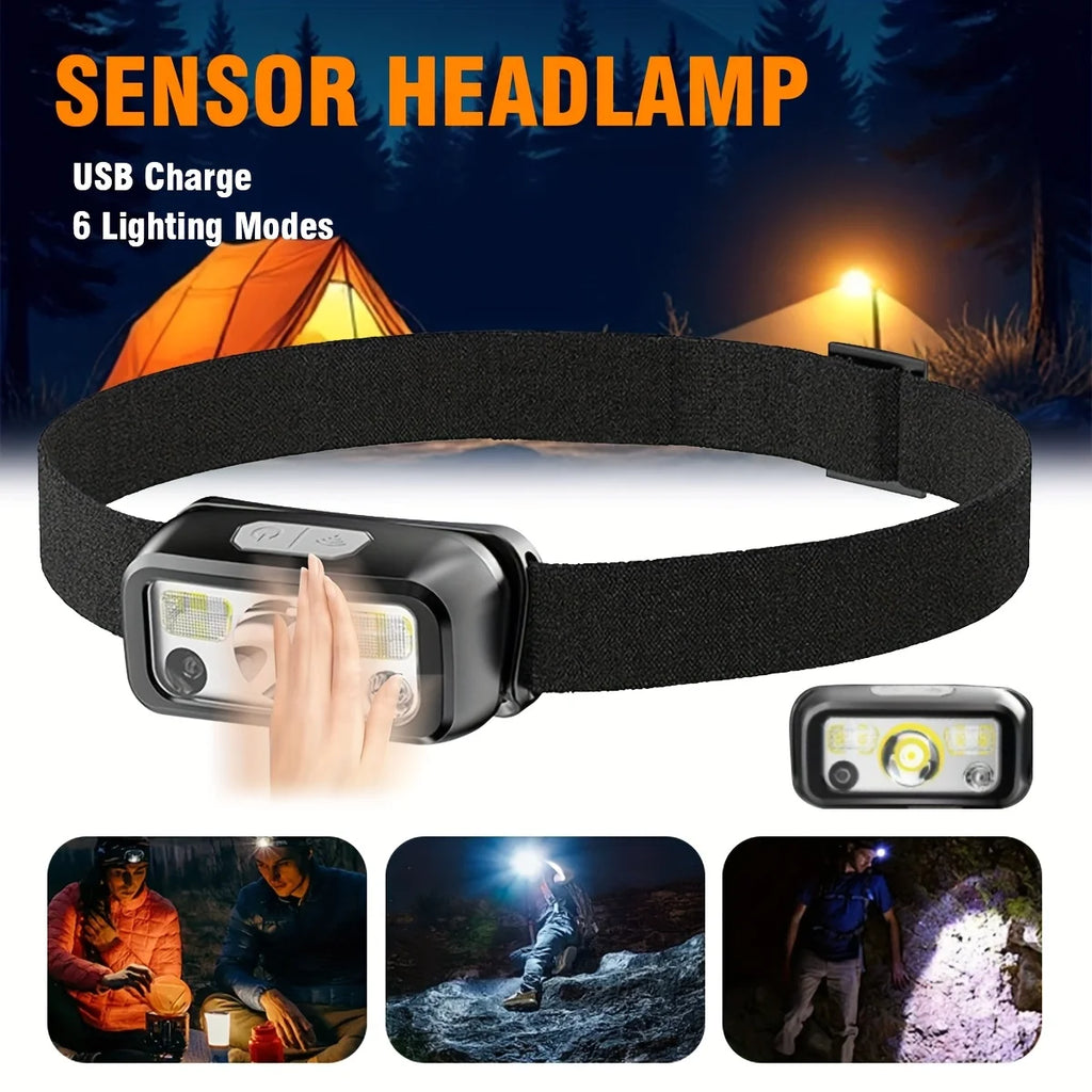 COB LED Sensor Headlamp – USB Rechargeable, 6 Modes, IPX4