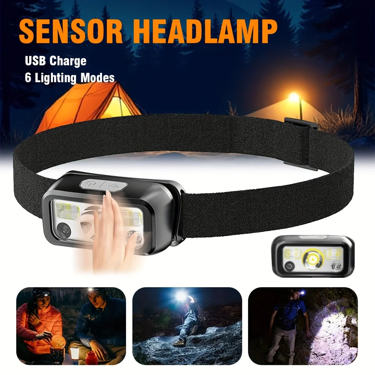 COB LED Sensor Headlamp – USB Rechargeable, 6 Modes, IPX4