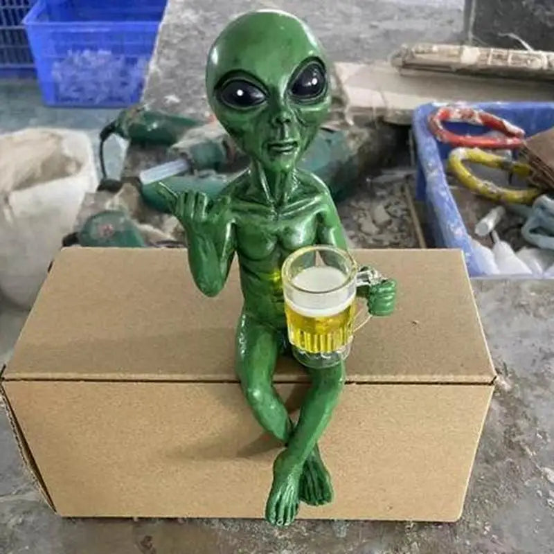 Beer Drinking Alien Statue Resin Novelty Collectible Funny Desktop
