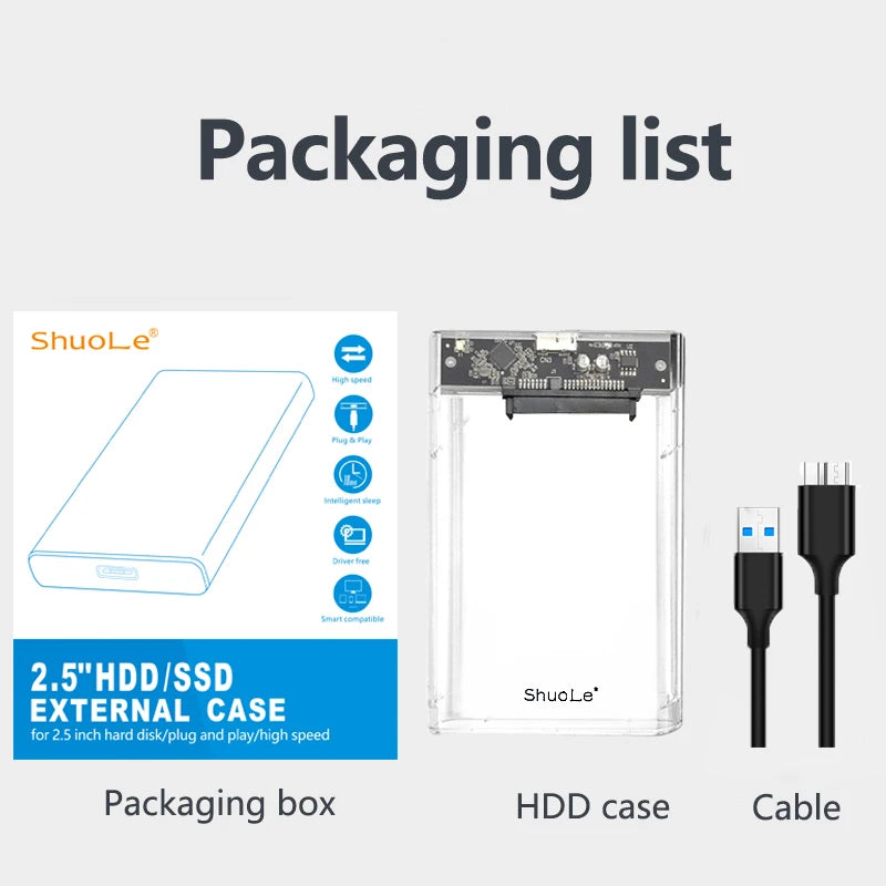 Hard Disk Case 2.5 Inch SSD Case SATA to USB 3.2 HDD Enclosure HDD Case UASP external hard drive box Zpaxo Transparent USB