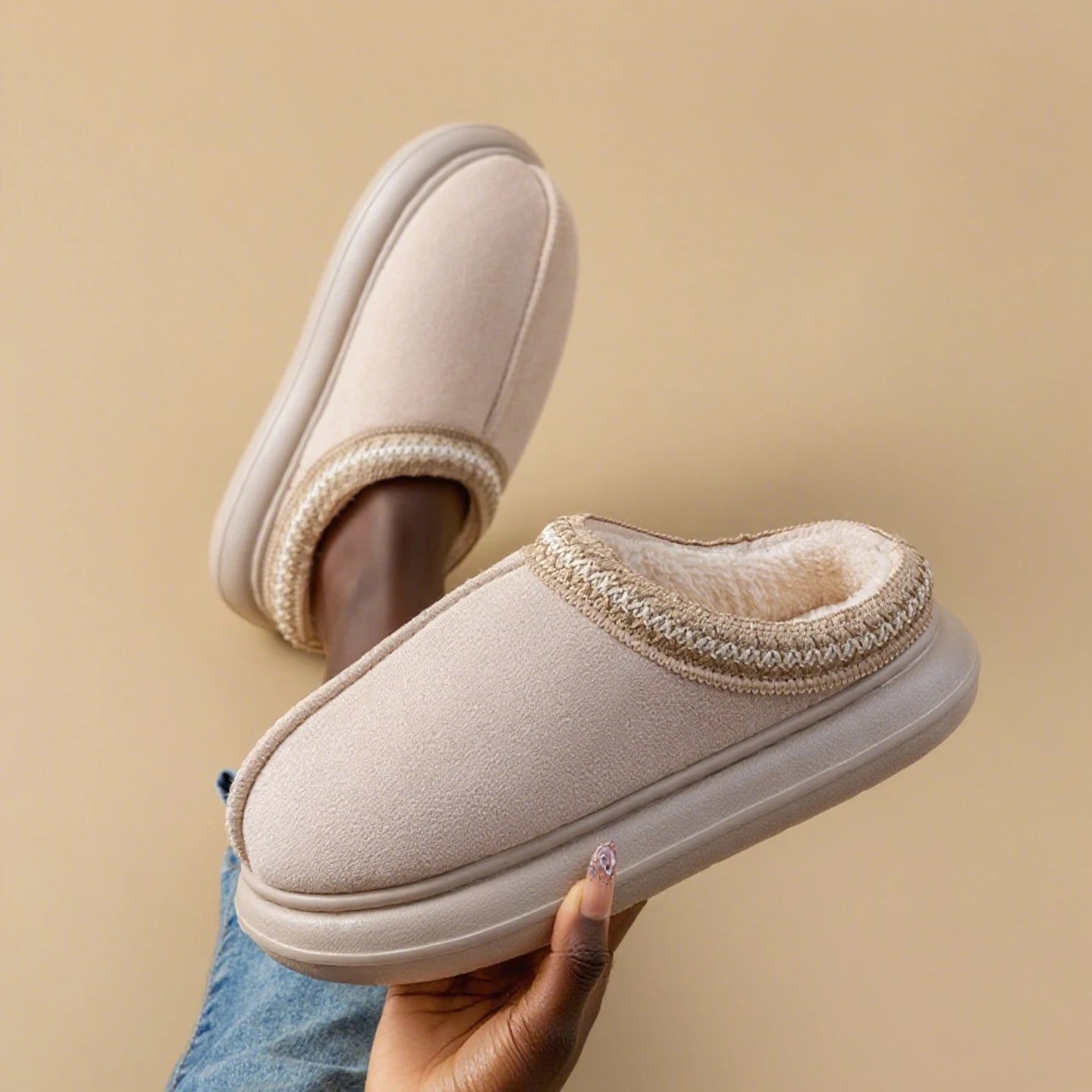 Women's Winter Slippers Plush Fuzzy House Shoes Thick Non-slip Sole Zpaxo Beige 36-37