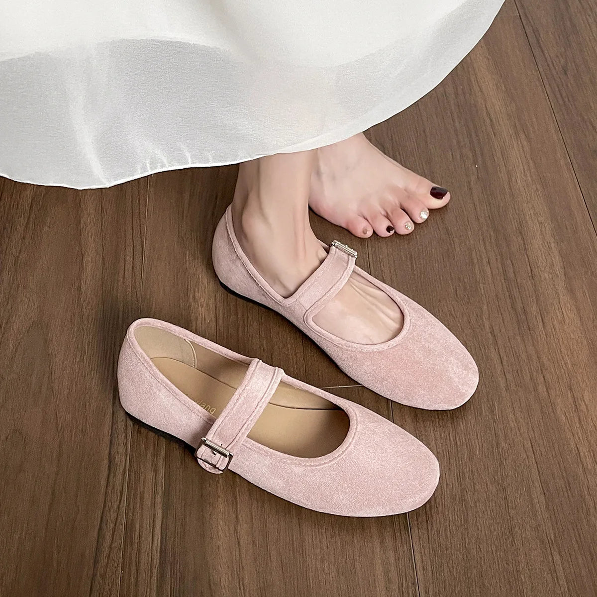 French Flat Shoes Women's Spring and Autumn Ballet Shoes Pink Round Toe Suede Mary Jane Plus Size Women's Shoes Ladies Zpaxo