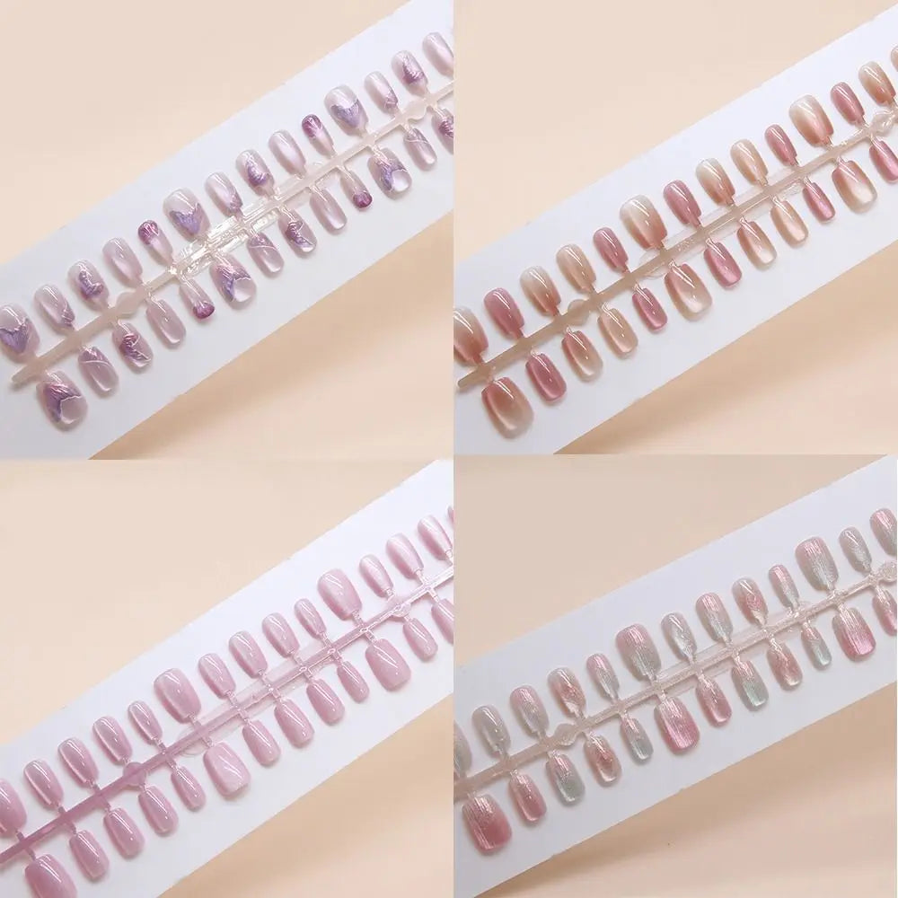 24pcs Long Square False Nails French Shining Cat Eye Fake Nails Full Cover Press on Nails Nail Tips Zpaxo