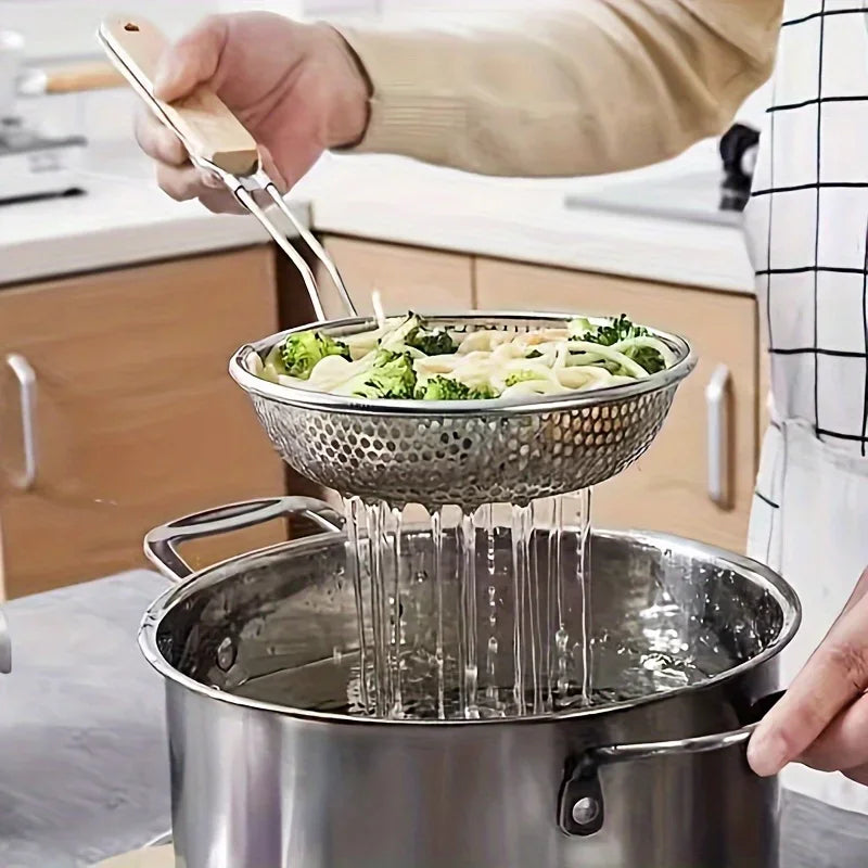Stainless Steel Colander with Wooden Handle - Fine Mesh Skimmer Spoon for Cooking, Food Prep Grease Filtering for Pasta Noodles Zpaxo