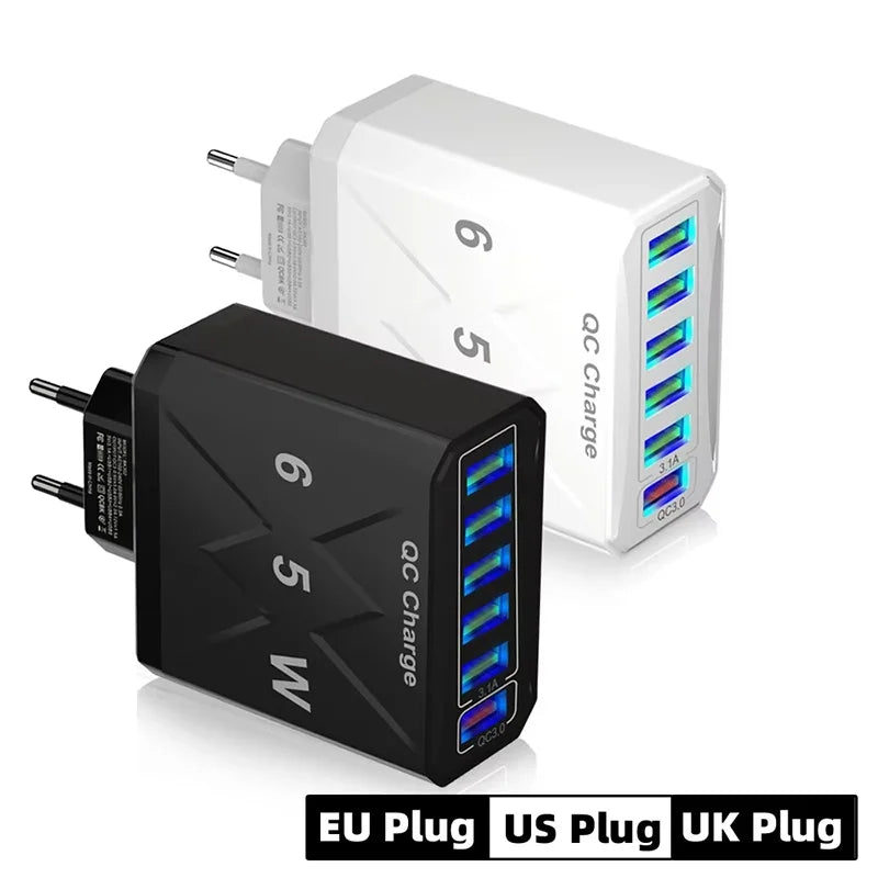 65W 3.1A 6 Ports USB Fast Phone Charger Adapter US/KR/EU Plug Travel Wall Charger For iPhone Xiaomi Huawei QC 3.0 Quick Charger Zpaxo