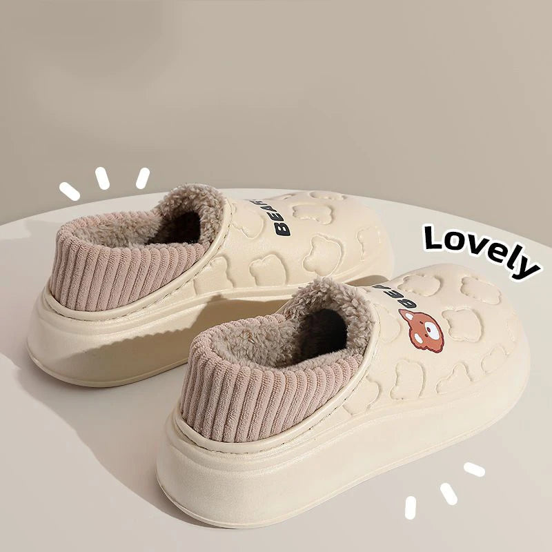Winter Slippers Women Bear Cartoon Outdoor Waterproof House Shoes Men Zpaxo beige 40-41