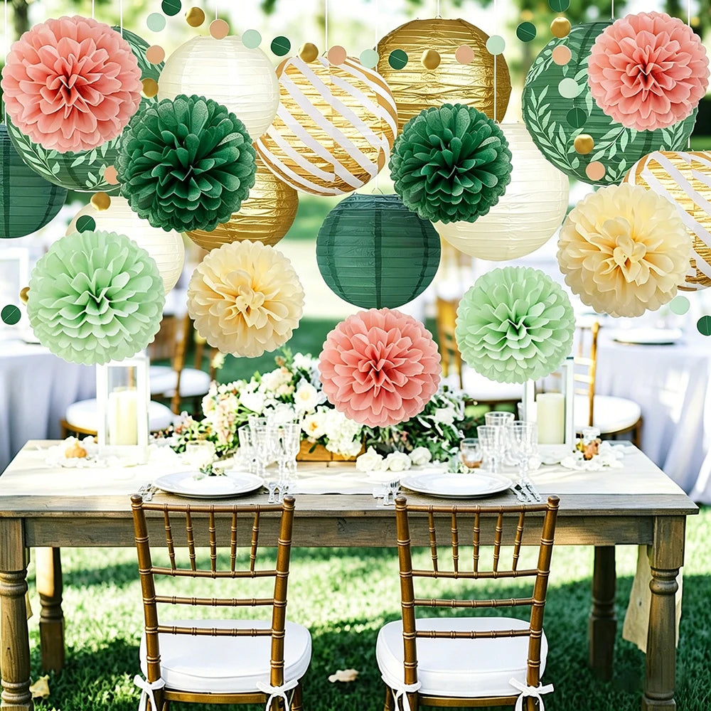 Sage Green Hanging Paper Lantern Tissue Pom Poms Party Decoration