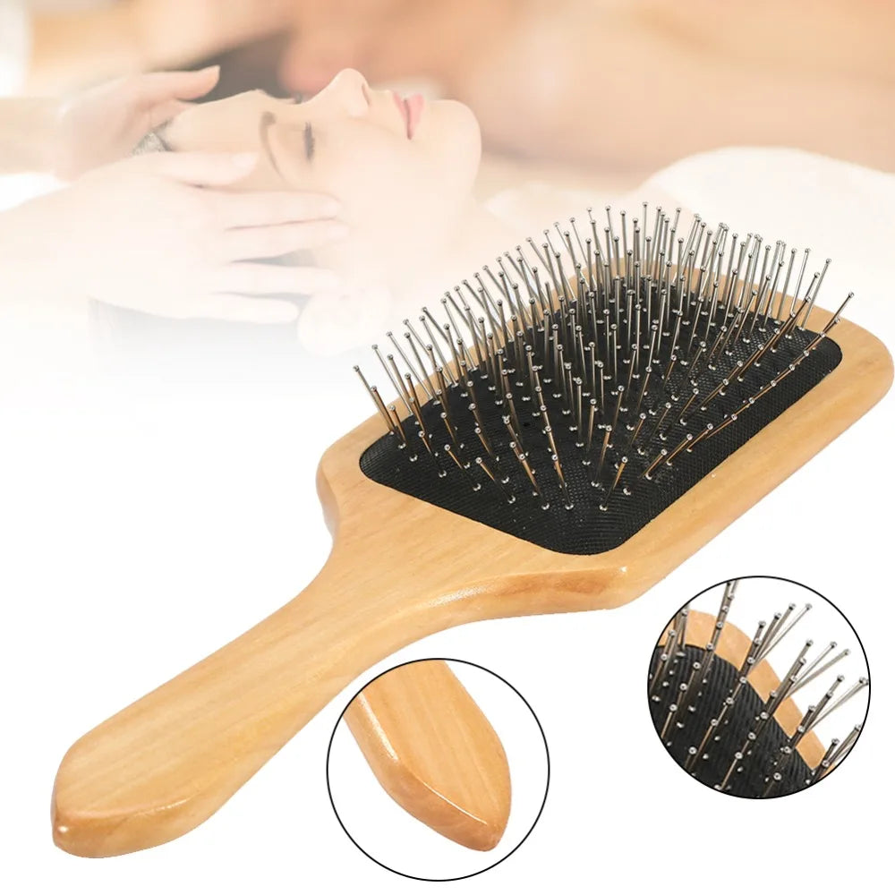 Wood Steel Needle Scalp Massage Comb X Ergonomic Handle Hairbrush Zpaxo
