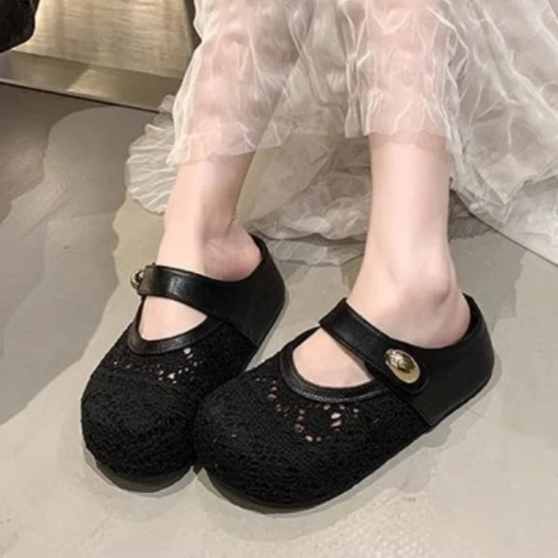Women's Thick Sole Mesh Fabric Comfortable Solid Metal Buckle Zpaxo