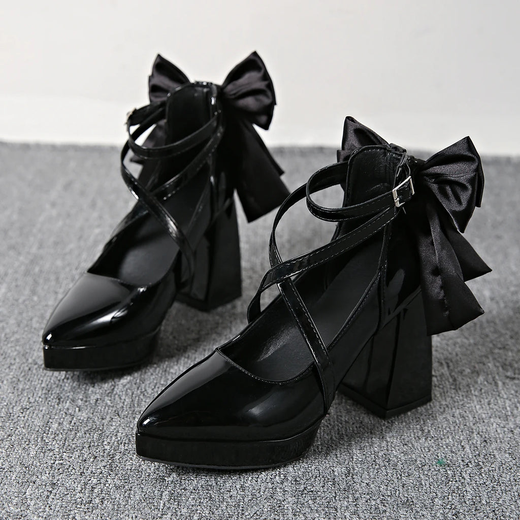 2025 New Women High Heel Pumps Cross Straps Casual Heels Women Round Toe Thick Heels Lolita Shoes Punk Goth Platform Women Shoes Zpaxo black 36