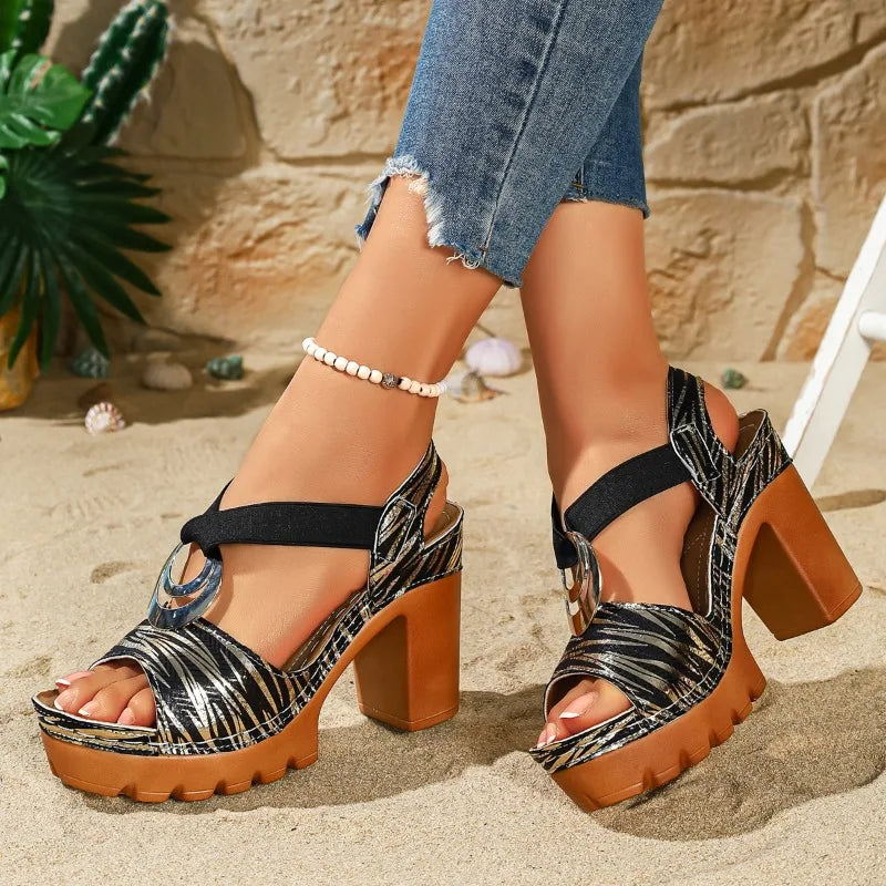 Women's Heel Sandals Summer Snake Print Square Gladiator Shoes Zpaxo black 42