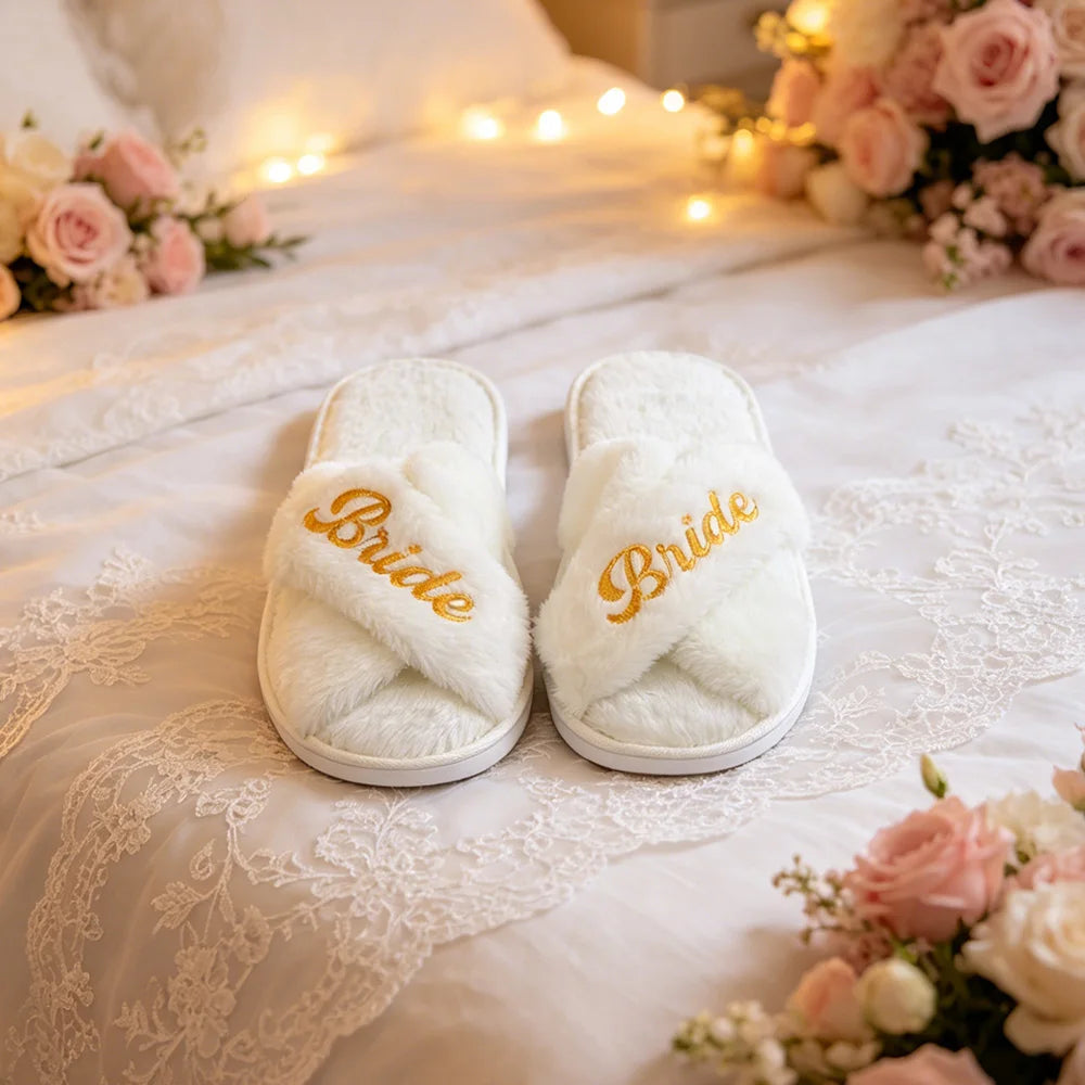 Wedding Bride Slippers Bridesmaid Slippers Embroidered Plush Open Toe Slippers Gifts for Bridal Shower Bachelorette Party Zpaxo