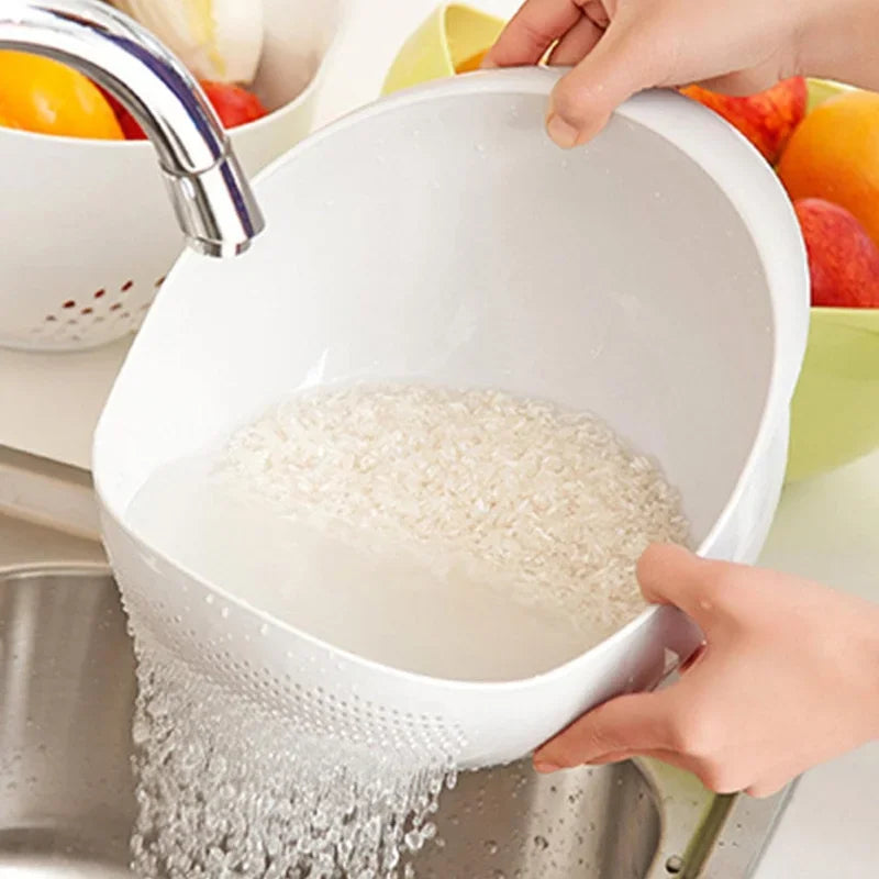 Plastic Drain Basket Filter Rice Bowl Fruit Laundry Handle Home Zpaxo White