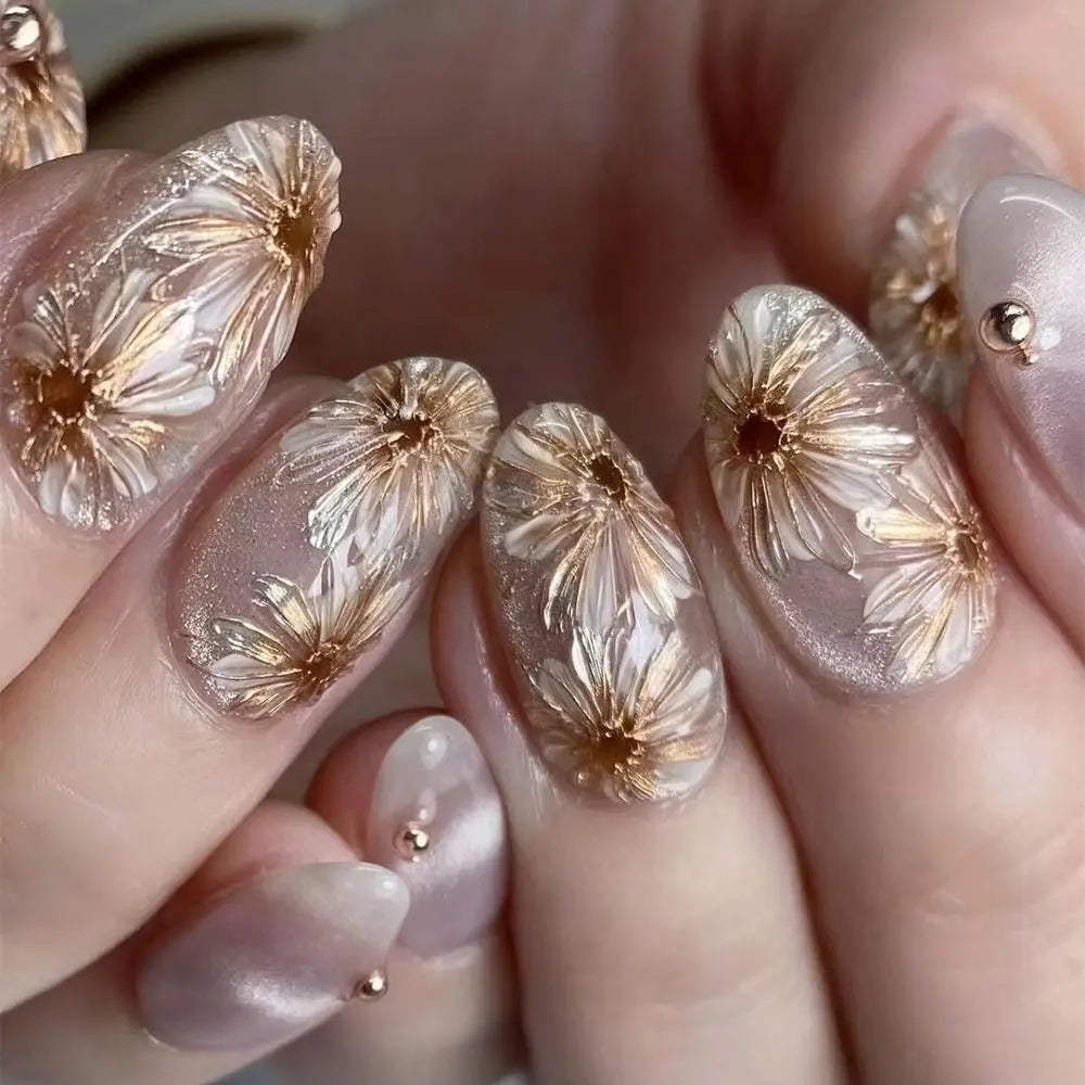 Manicure Long Almond Ballerina False Nails Flowers Glitter French Zpaxo JP3314